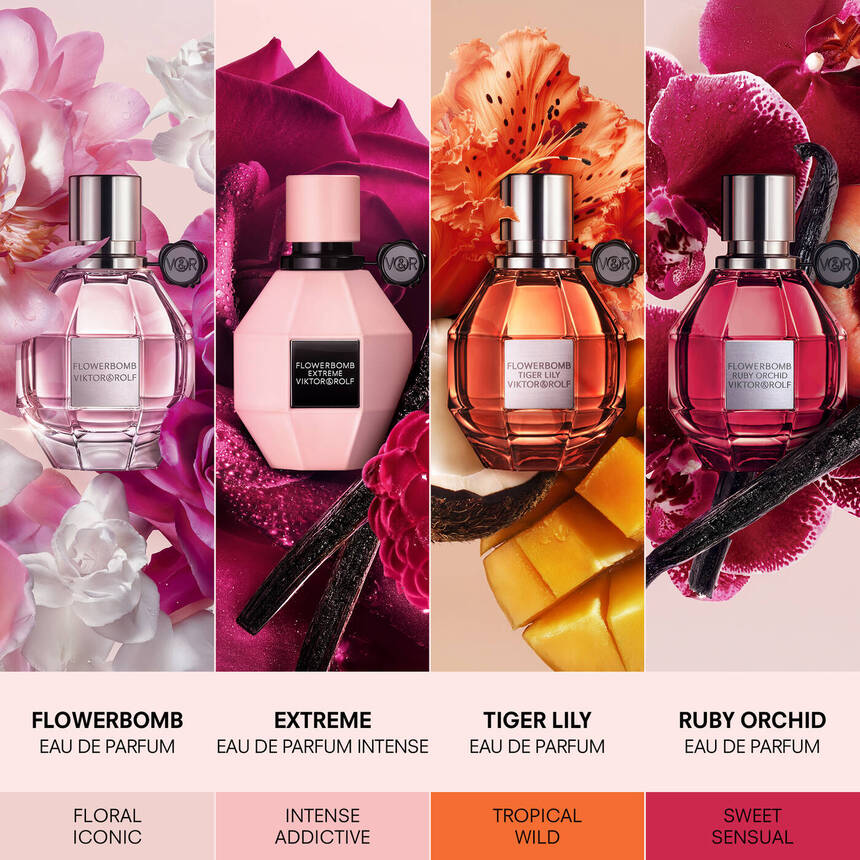 Flowerbomb collection intensity comparison: EDP, Extreme, Tiger Lily and Ruby Orchid
